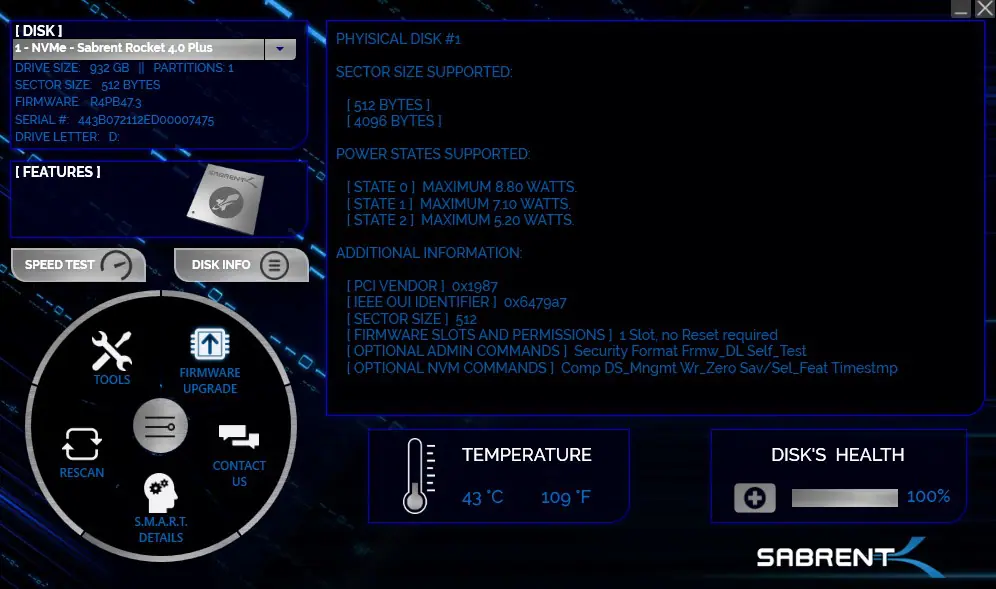 sabrent rocket control panel disk info