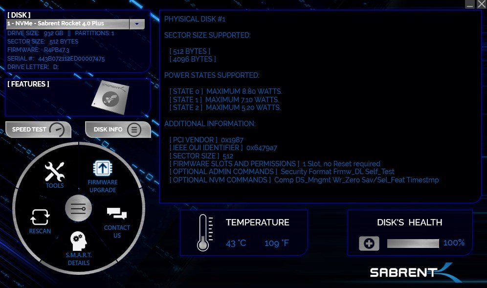 sabrent rocket control panel disk info