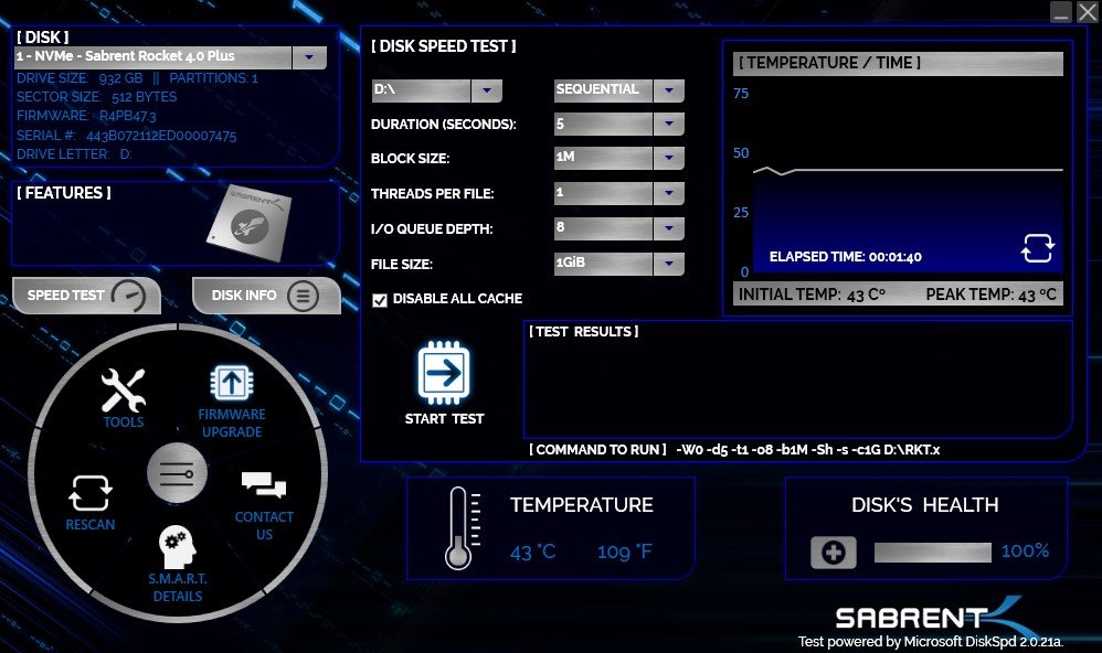 sabrent rocket control panel disk speed