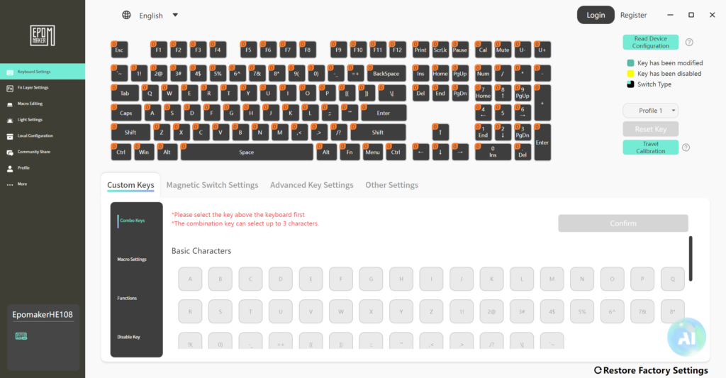 Review - EPOMAKER HE108 - Um dos poucos teclados 100% com switches Hall Effect. 33 he108 software 10