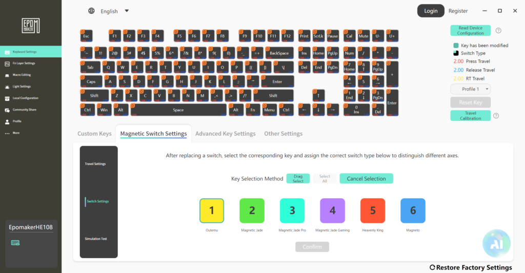 Review - EPOMAKER HE108 - Um dos poucos teclados 100% com switches Hall Effect. 31 he108 software 8